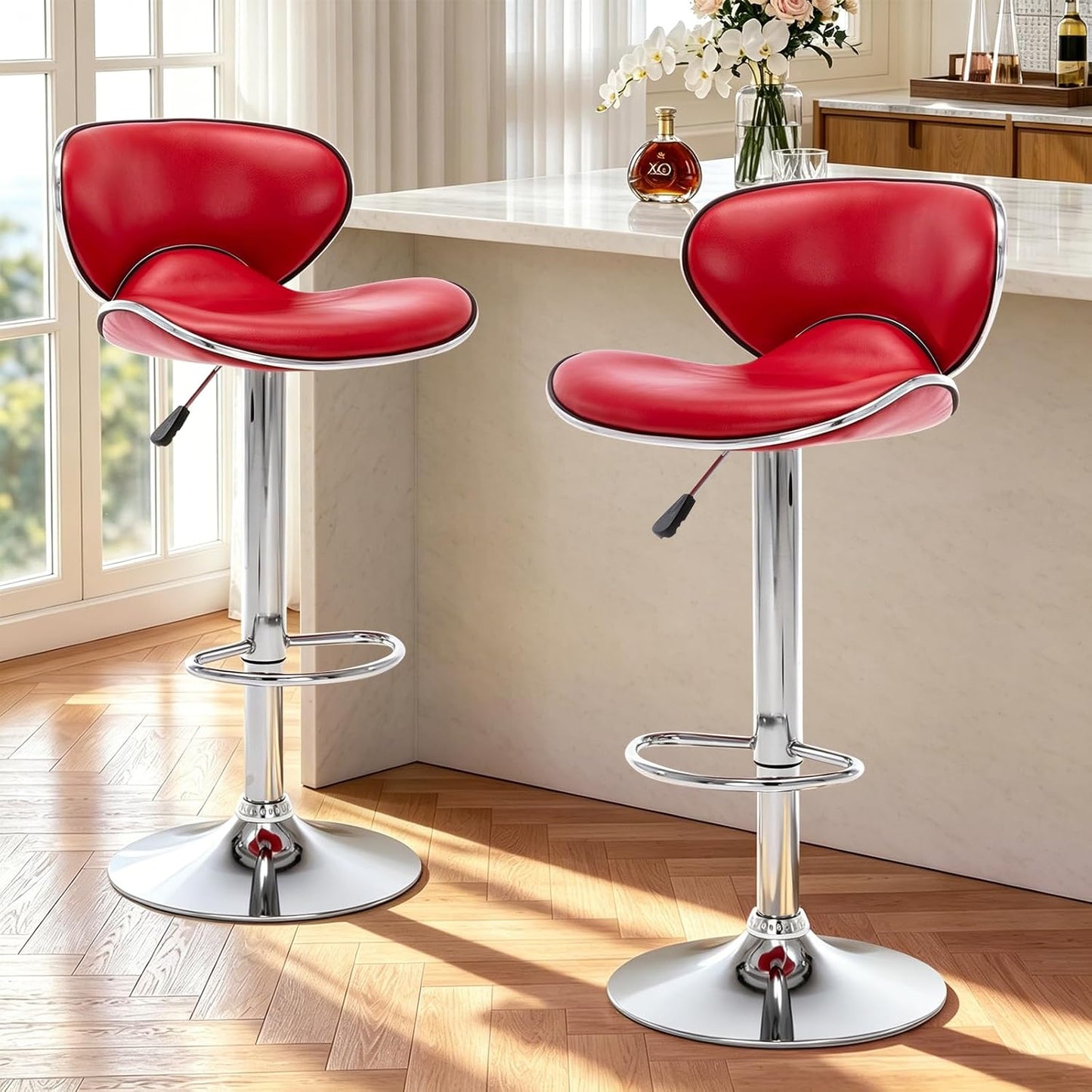 Blue Adjustable Bar Stools Set of 2 Modern Swivel Faux Leather Counter Chairs