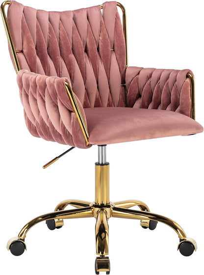 Black Velvet Swivel Desk Chair Hand Woven High Back Gold Base Adjustable Height