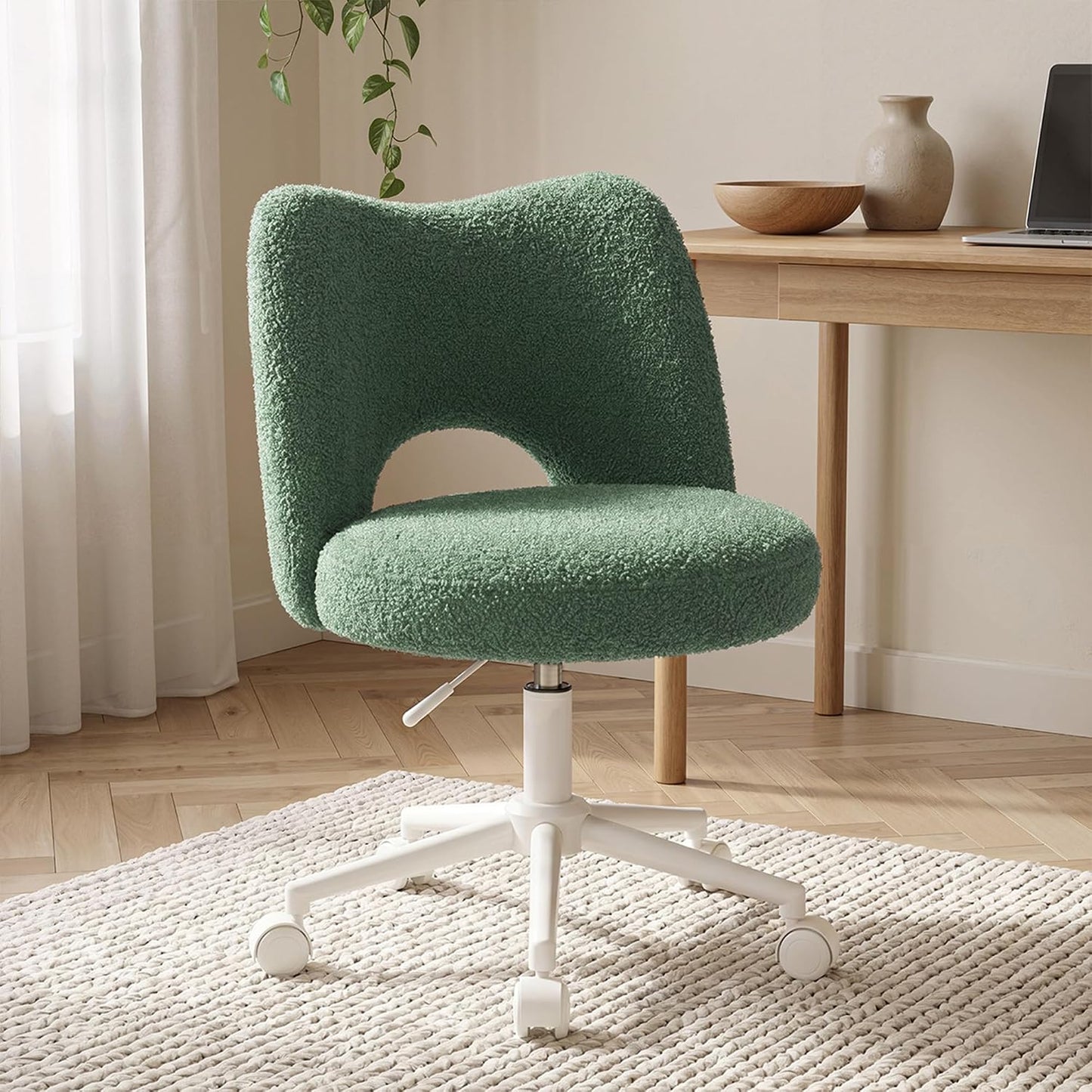 White Teddy Vanity Chair Armless Adjustable Swivel Desk Chair with Wheels