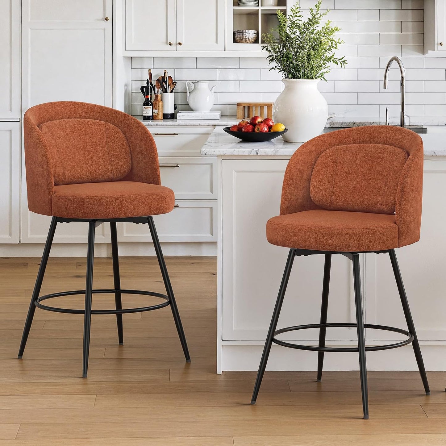 26 Inch Swivel Counter Height Bar Stools Linen Upholstered Black Metal Set of 2
