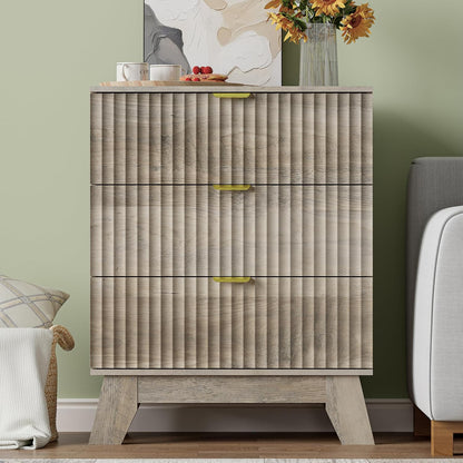 White Fluted Nightstand with 3 Drawers Modern Wide Bedside Table