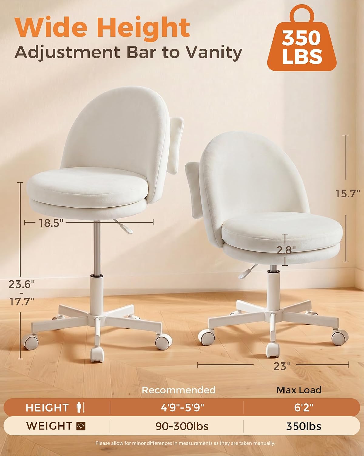 Pink Velvet Vanity Chair Adjustable Swivel Rolling Desk Chair with Lumbar Pillow