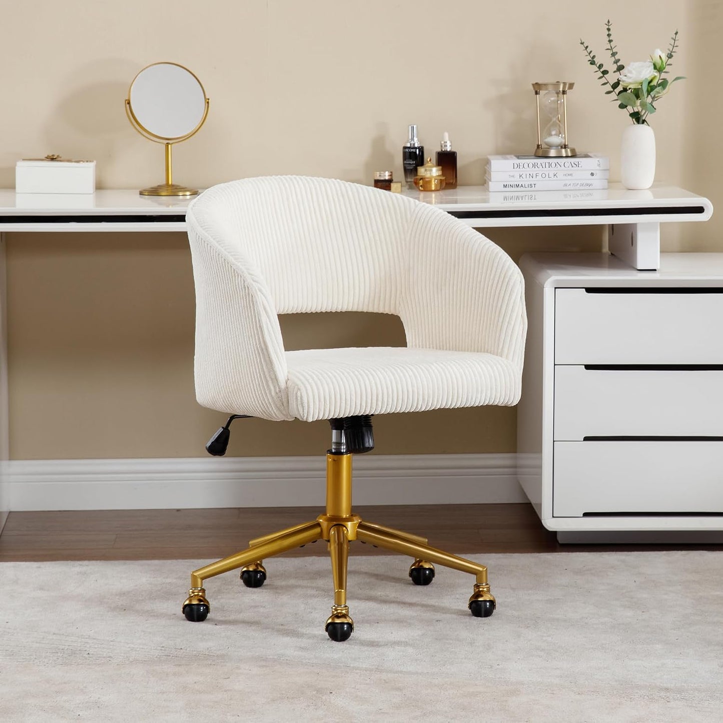 Red Velvet Swivel Desk Chair Adjustable Vanity Chair with Gold Base and Wheels