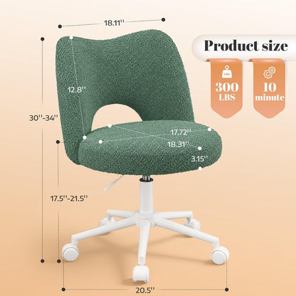 White Teddy Vanity Chair Armless Adjustable Swivel Desk Chair with Wheels