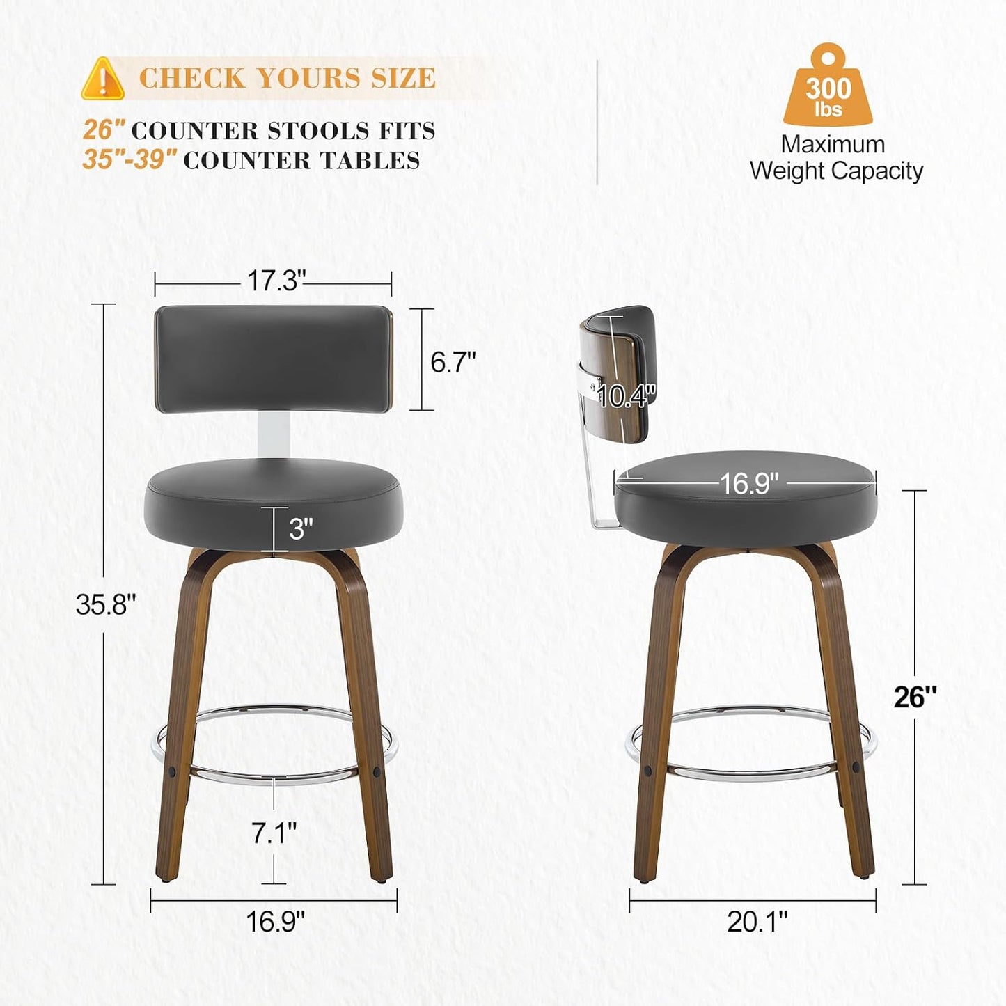 White Swivel Counter Stools Set of 2 Walnut Kitchen Island Chairs
