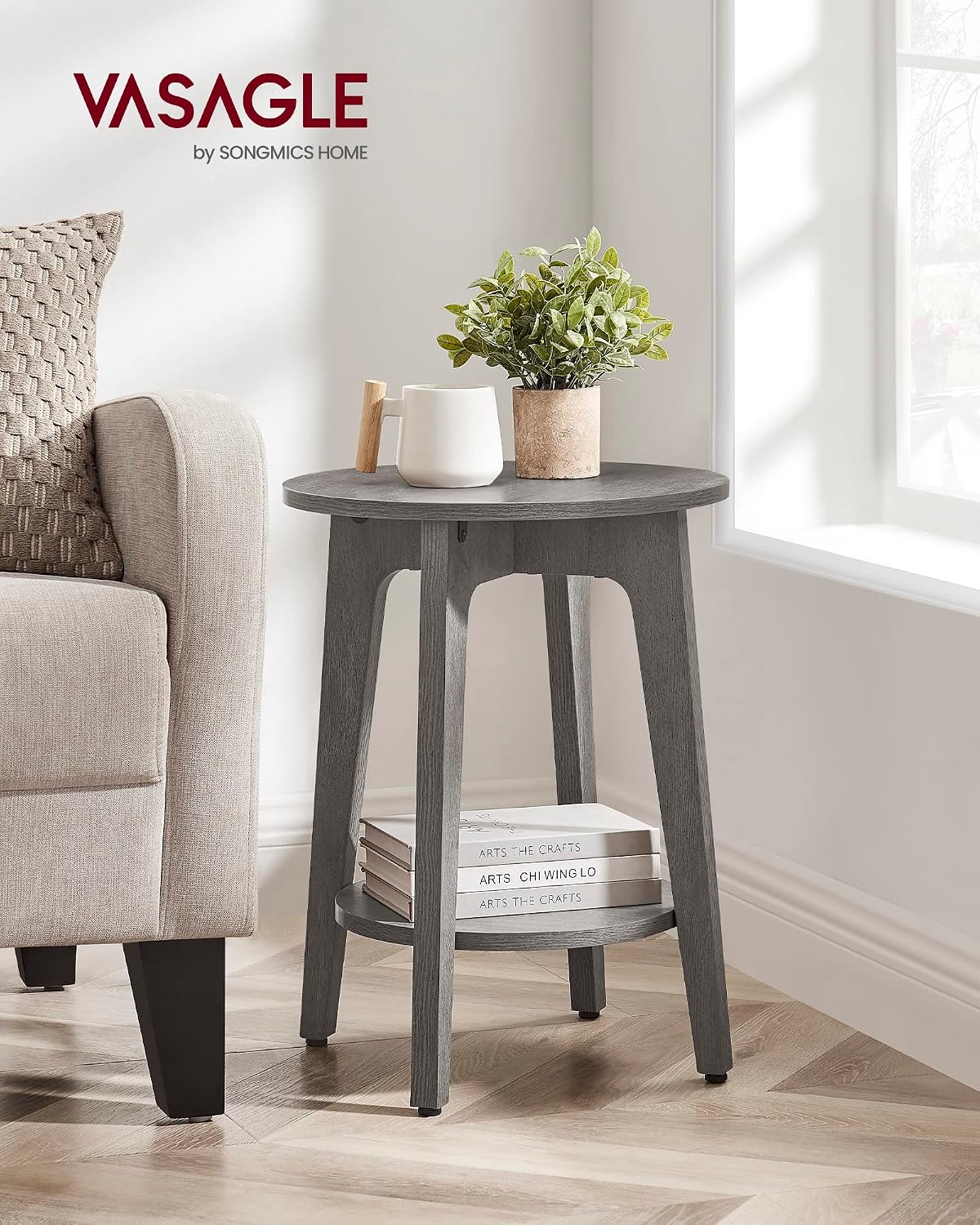 Round Wood Side Table with Lower Shelf Mid Century End Table