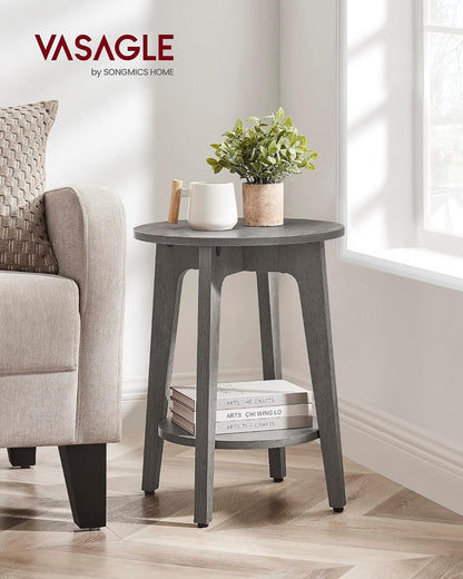 Round Wood Side Table with Lower Shelf Mid Century End Table
