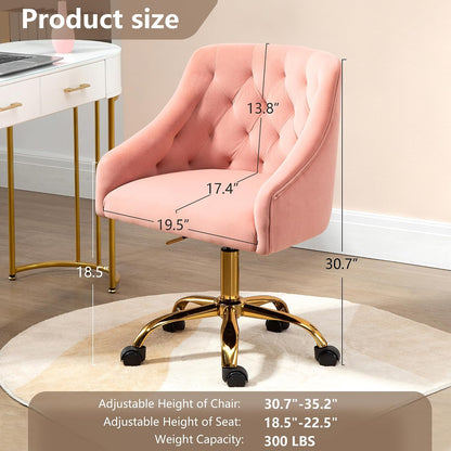 Ivory Velvet Office Chair Tufted Adjustable Swivel Vanity Chair with Wheels