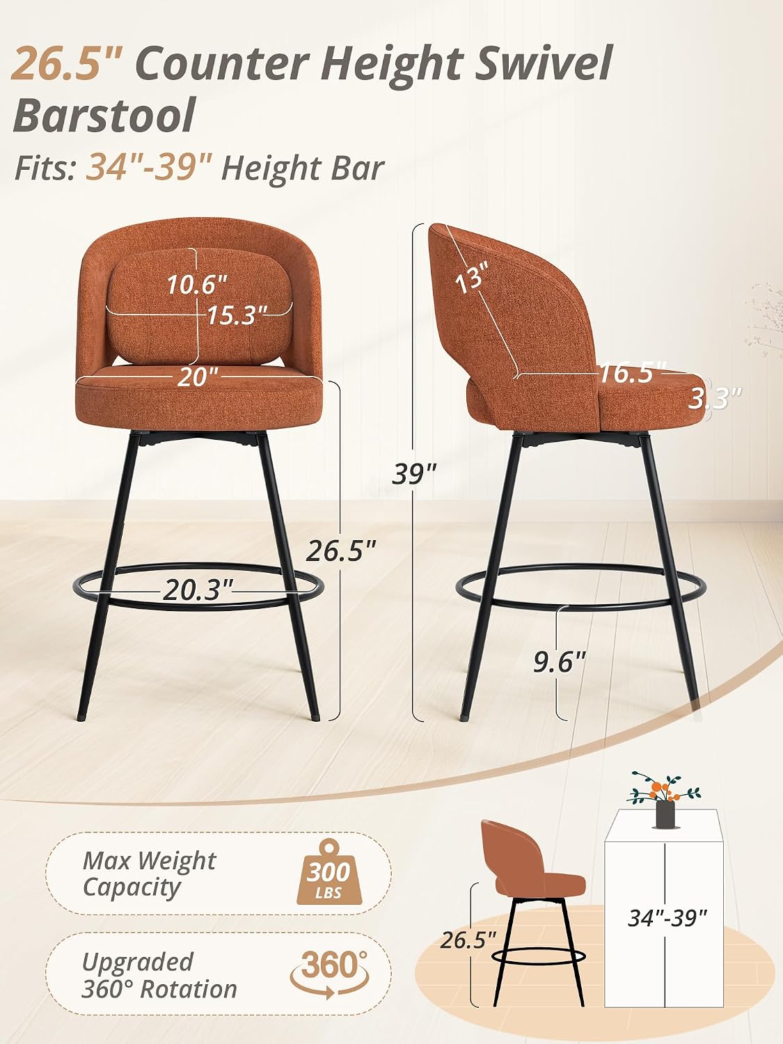 26 Inch Swivel Counter Height Bar Stools Linen Upholstered Black Metal Set of 2