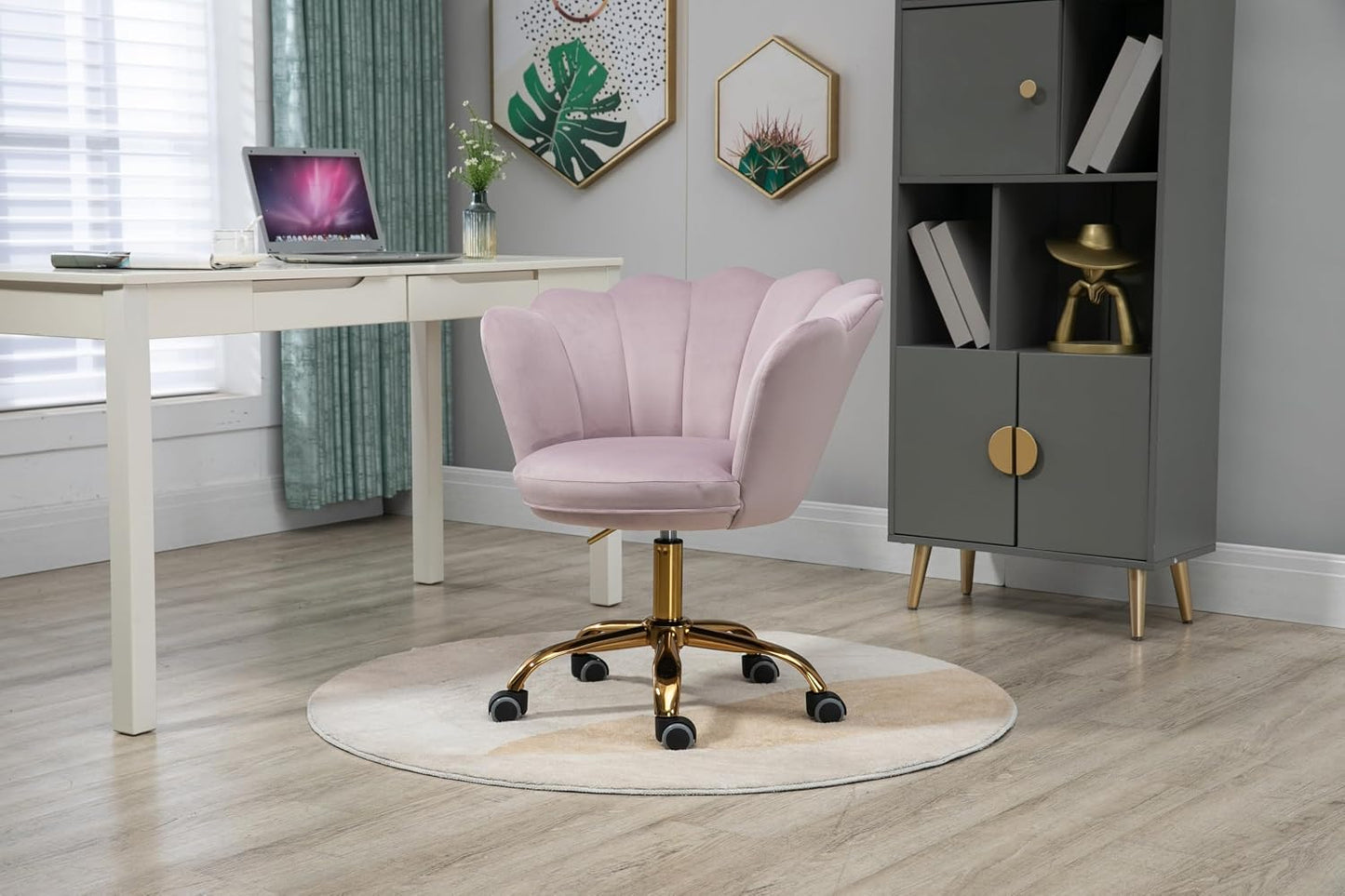 Blue Velvet Office Chair Adjustable Swivel Vanity Chair with Gold Base