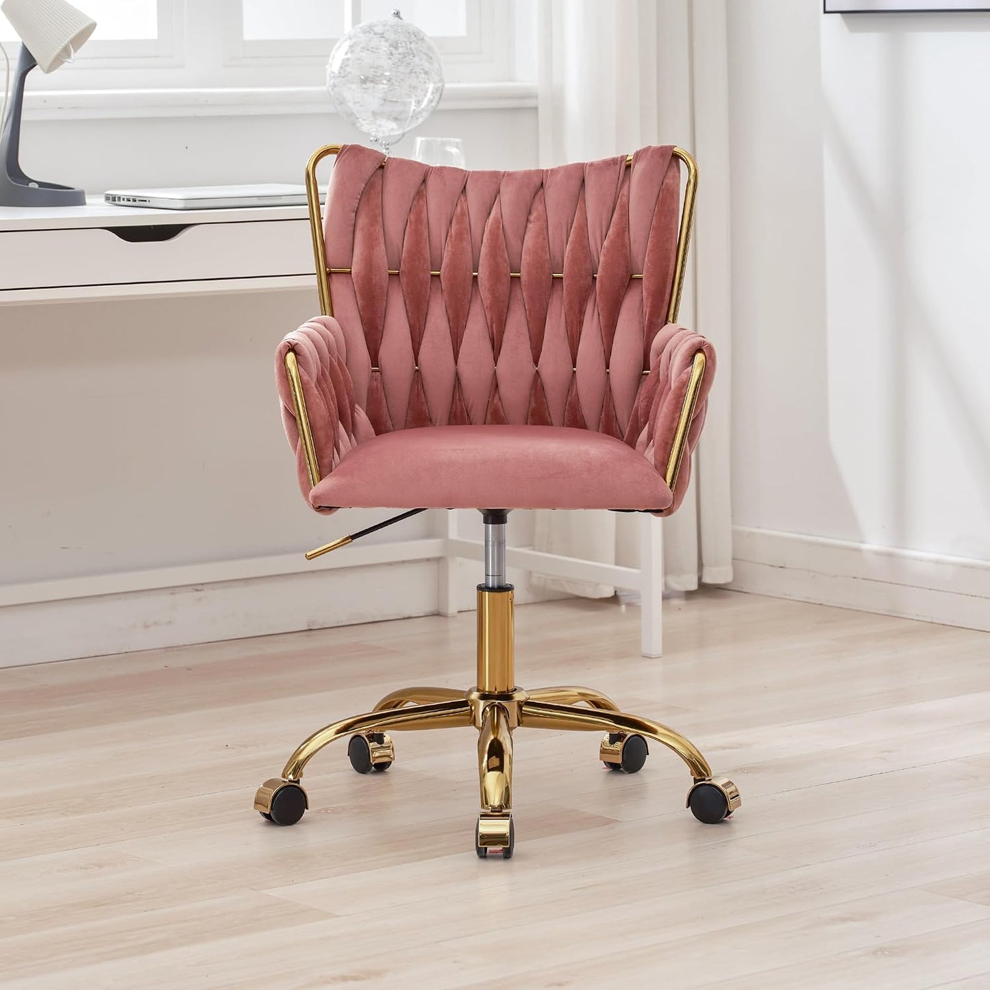 Black Velvet Swivel Desk Chair Hand Woven High Back Gold Base Adjustable Height