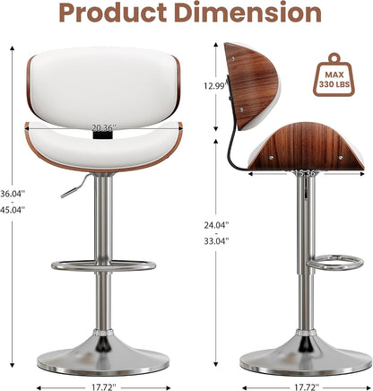 Adjustable Swivel Bar Stool Black PU Leather Walnut Bentwood Counter Chair