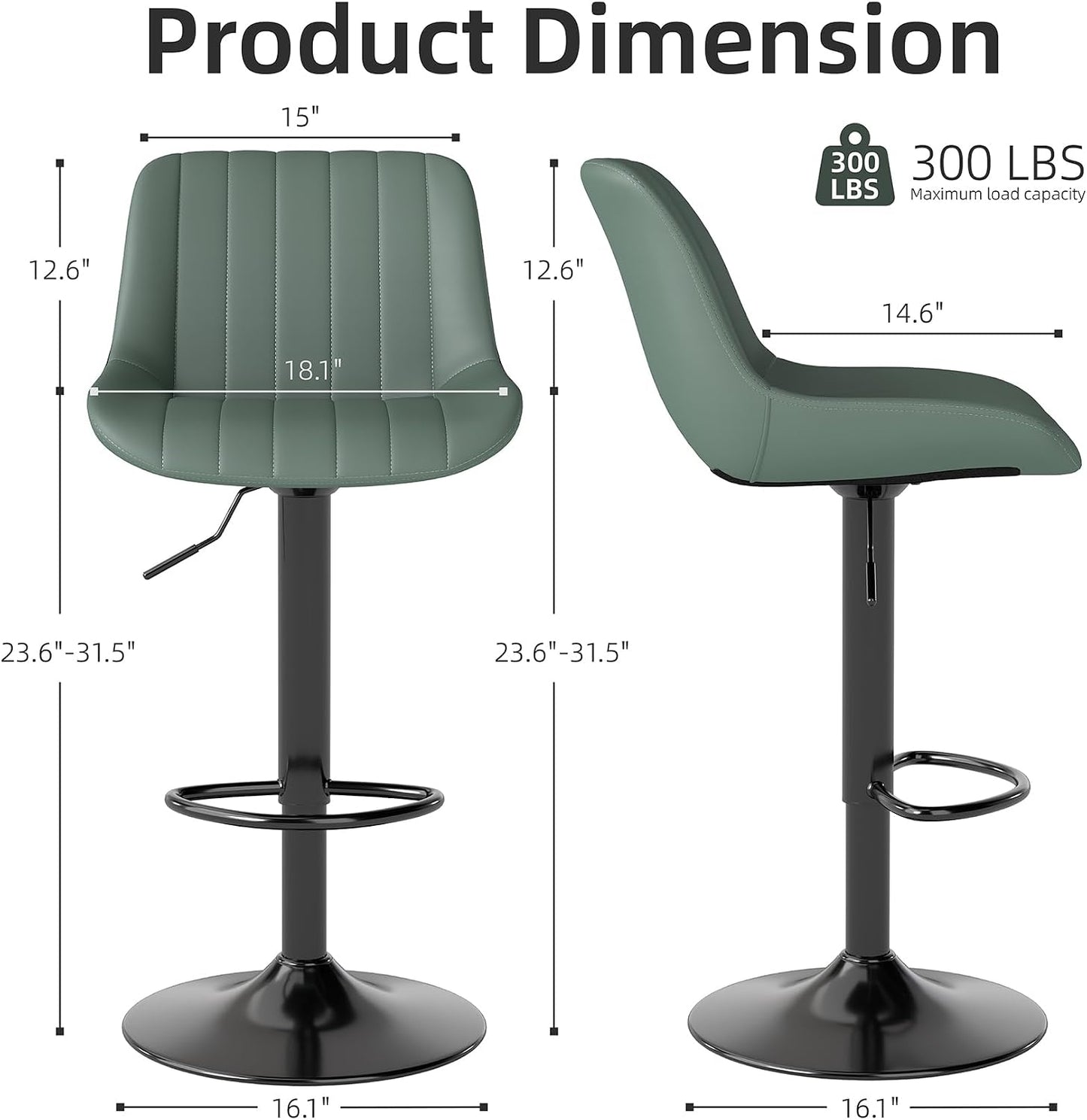 Adjustable Swivel Bar Stool Black Faux Leather Counter Height Metal Base