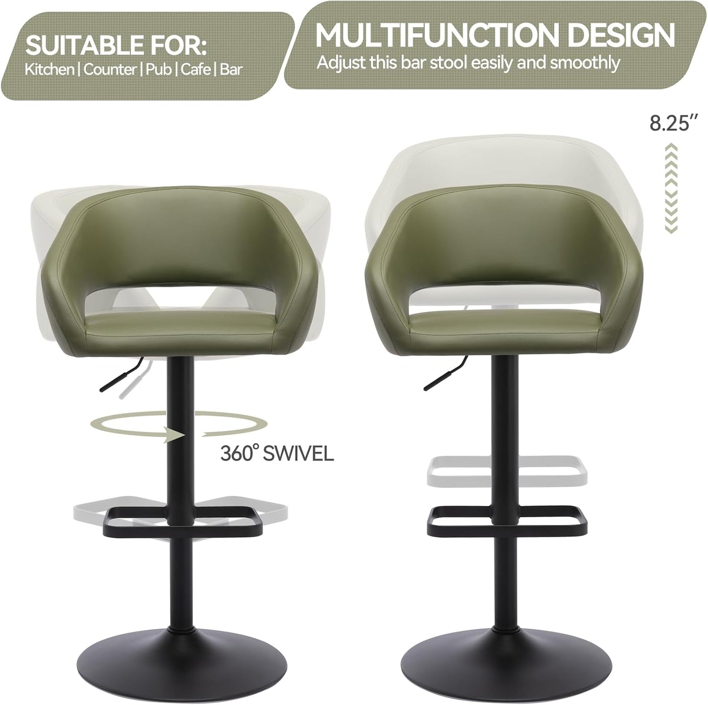 Black Adjustable Swivel Bar Stool Modern Faux Leather Counter Height Chair