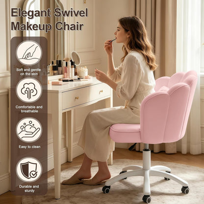 Purple Velvet Petal Vanity Chair Swivel Rolling Desk Chair with Bow Cushion