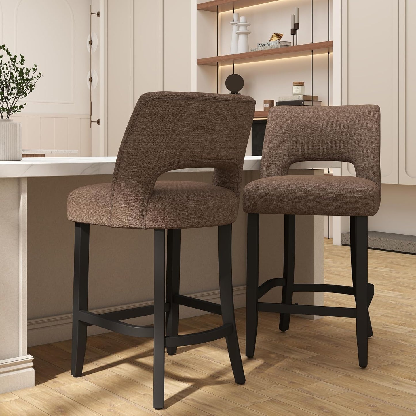 26 Inch Green Upholstered Counter Height Bar Stools Rubberwood Set of 2