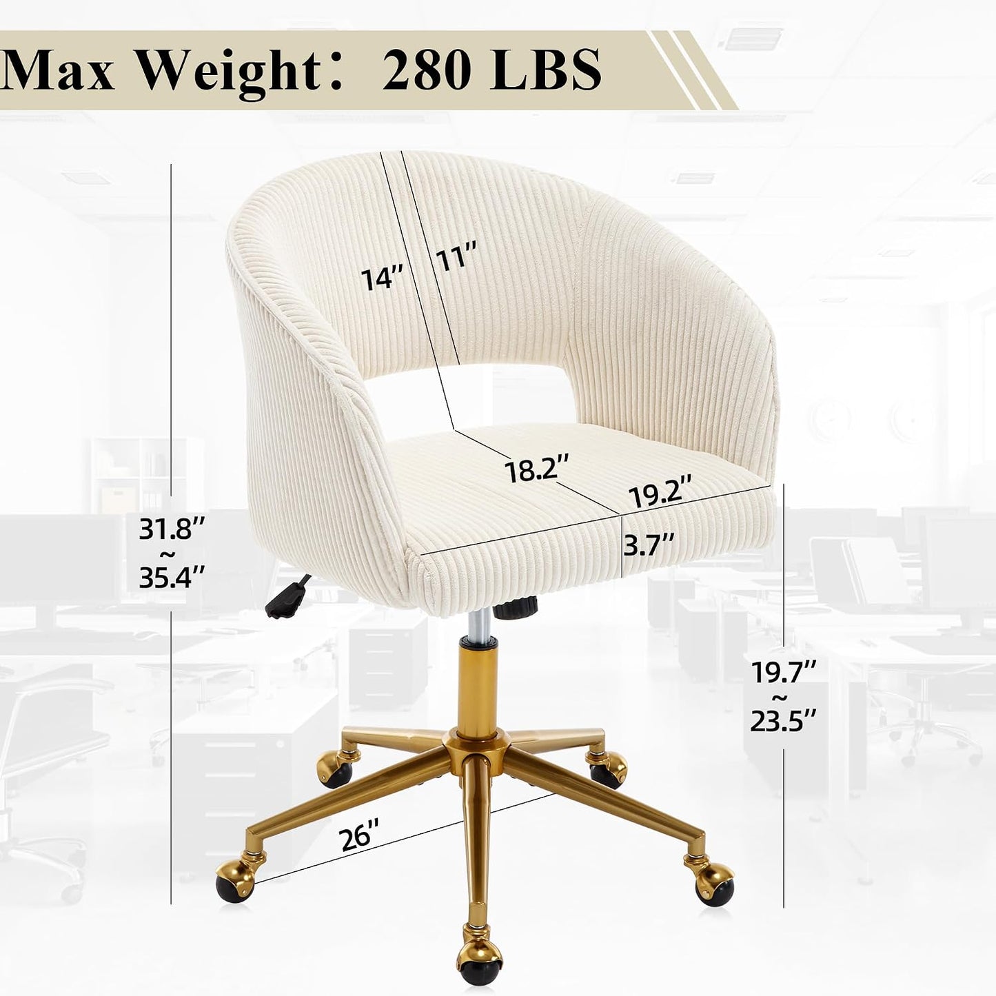 Red Velvet Swivel Desk Chair Adjustable Vanity Chair with Gold Base and Wheels