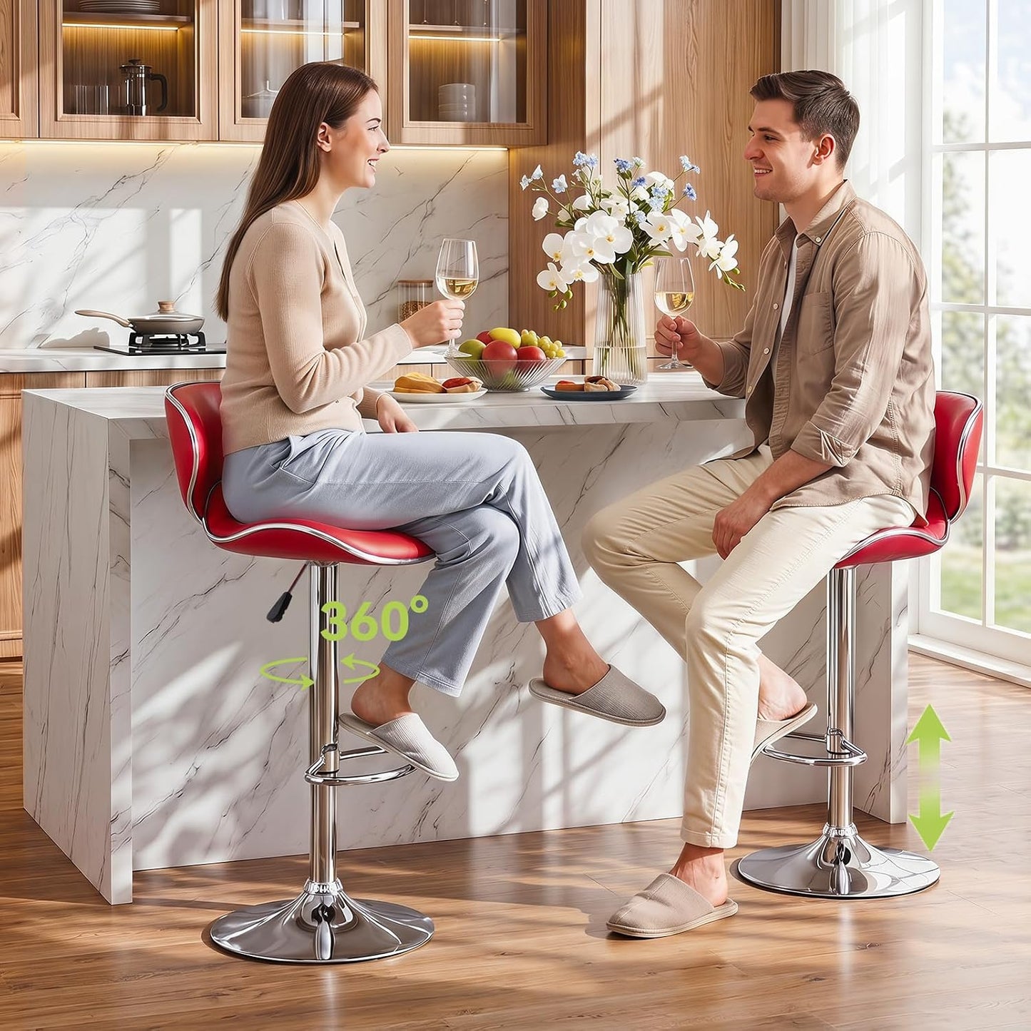 Blue Adjustable Bar Stools Set of 2 Modern Swivel Faux Leather Counter Chairs