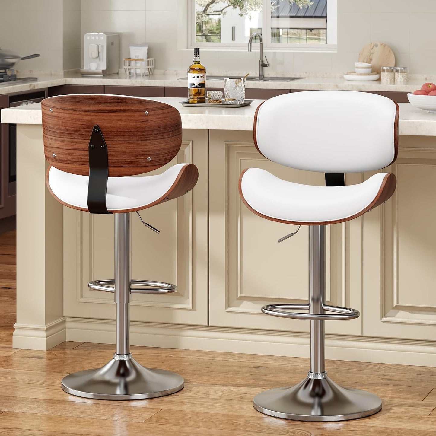 Adjustable Swivel Bar Stool Black PU Leather Walnut Bentwood Counter Chair