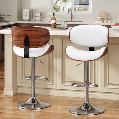 Adjustable Swivel Bar Stool Black PU Leather Walnut Bentwood Counter Chair
