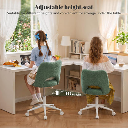 White Teddy Vanity Chair Armless Adjustable Swivel Desk Chair with Wheels