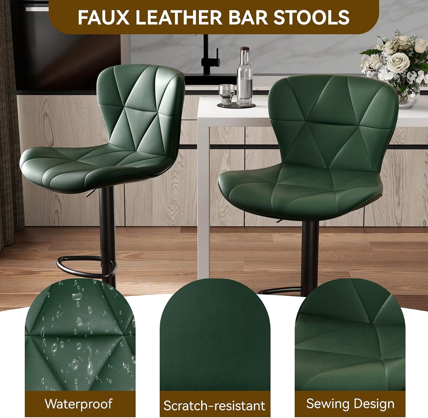 Black Swivel Bar Stools Set of 2 Adjustable Faux Leather Kitchen Chairs