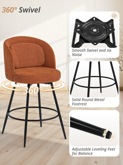 26 Inch Swivel Counter Height Bar Stools Linen Upholstered Black Metal Set of 2