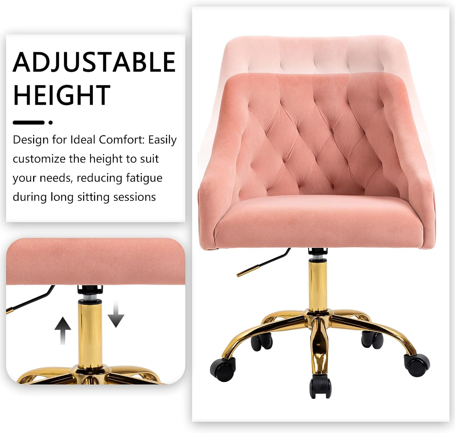 Ivory Velvet Office Chair Tufted Adjustable Swivel Vanity Chair with Wheels