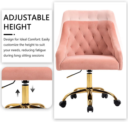 Ivory Velvet Office Chair Tufted Adjustable Swivel Vanity Chair with Wheels