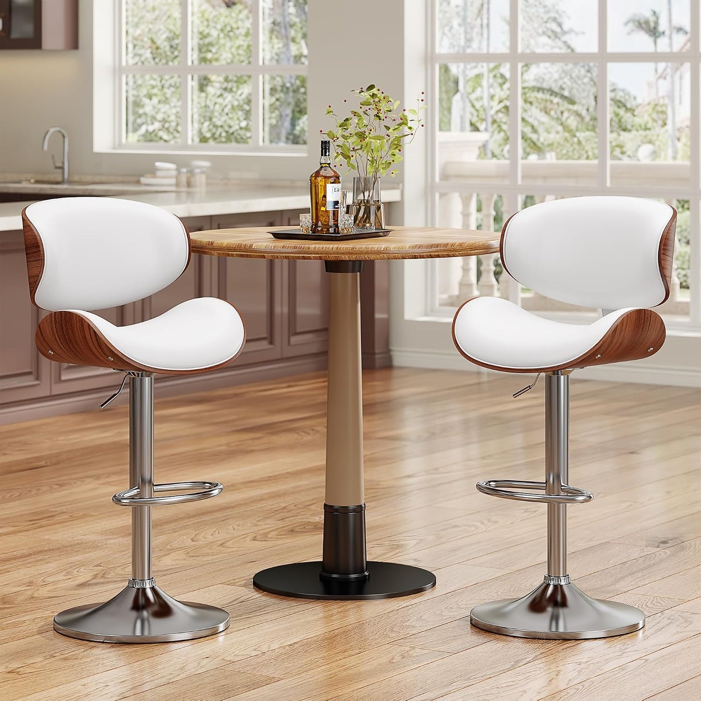 Adjustable Swivel Bar Stool Black PU Leather Walnut Bentwood Counter Chair