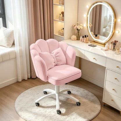 Purple Velvet Petal Vanity Chair Swivel Rolling Desk Chair with Bow Cushion