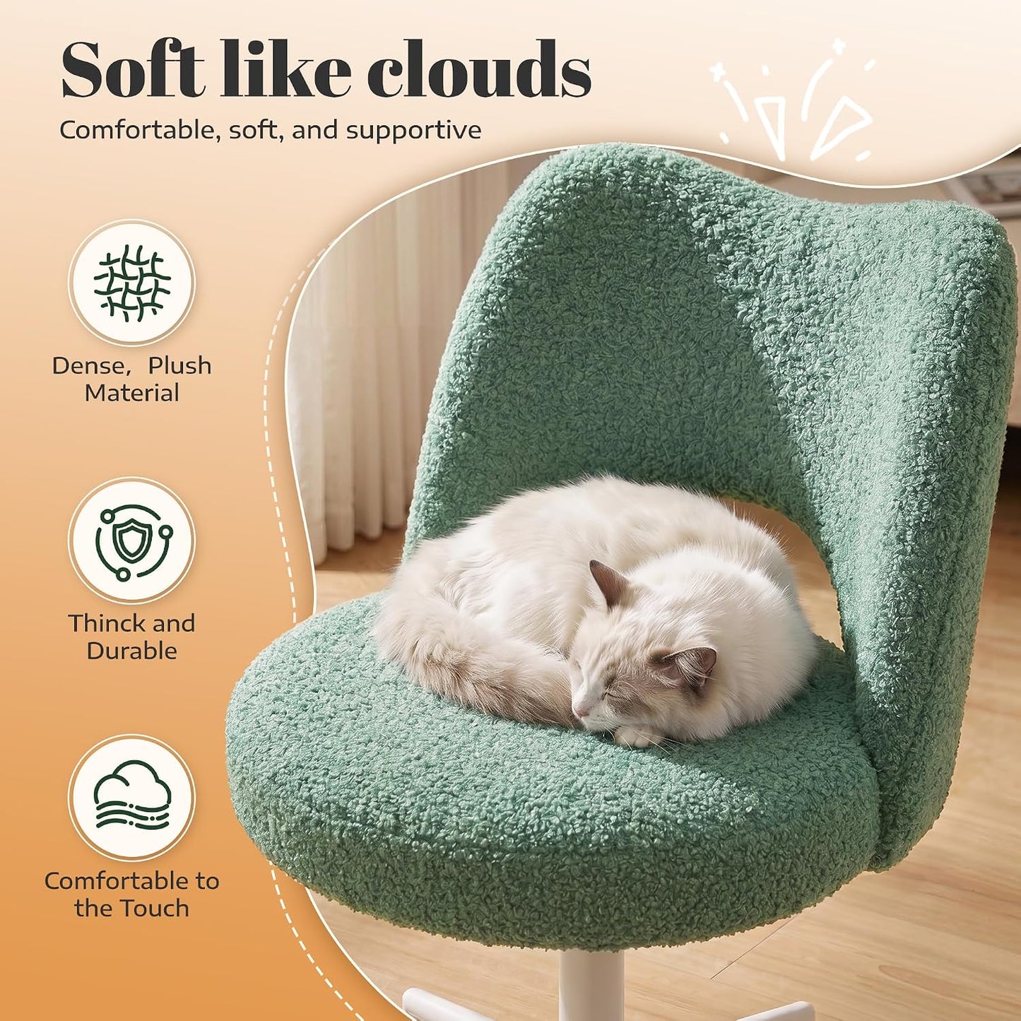 White Teddy Vanity Chair Armless Adjustable Swivel Desk Chair with Wheels
