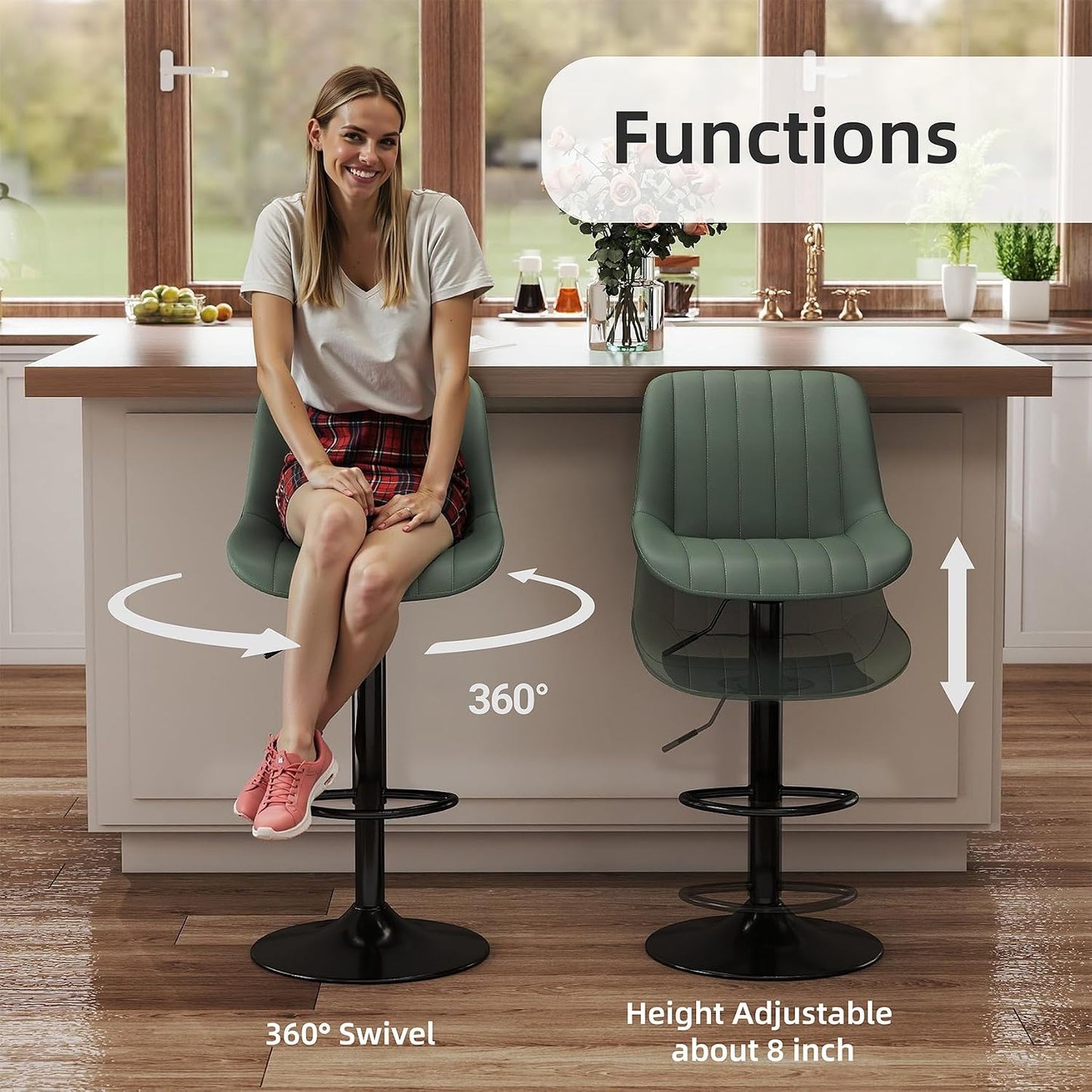 Adjustable Swivel Bar Stool Black Faux Leather Counter Height Metal Base