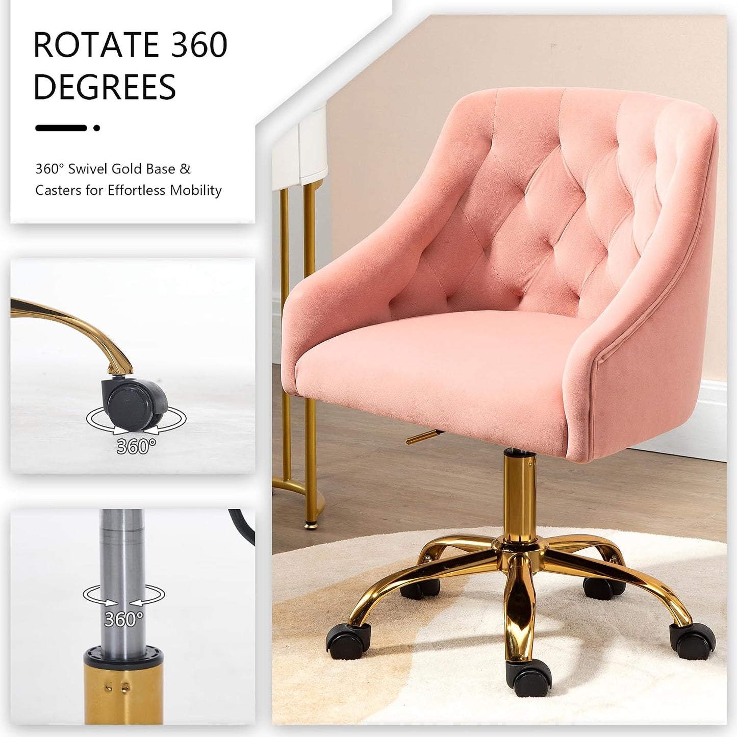 Ivory Velvet Office Chair Tufted Adjustable Swivel Vanity Chair with Wheels