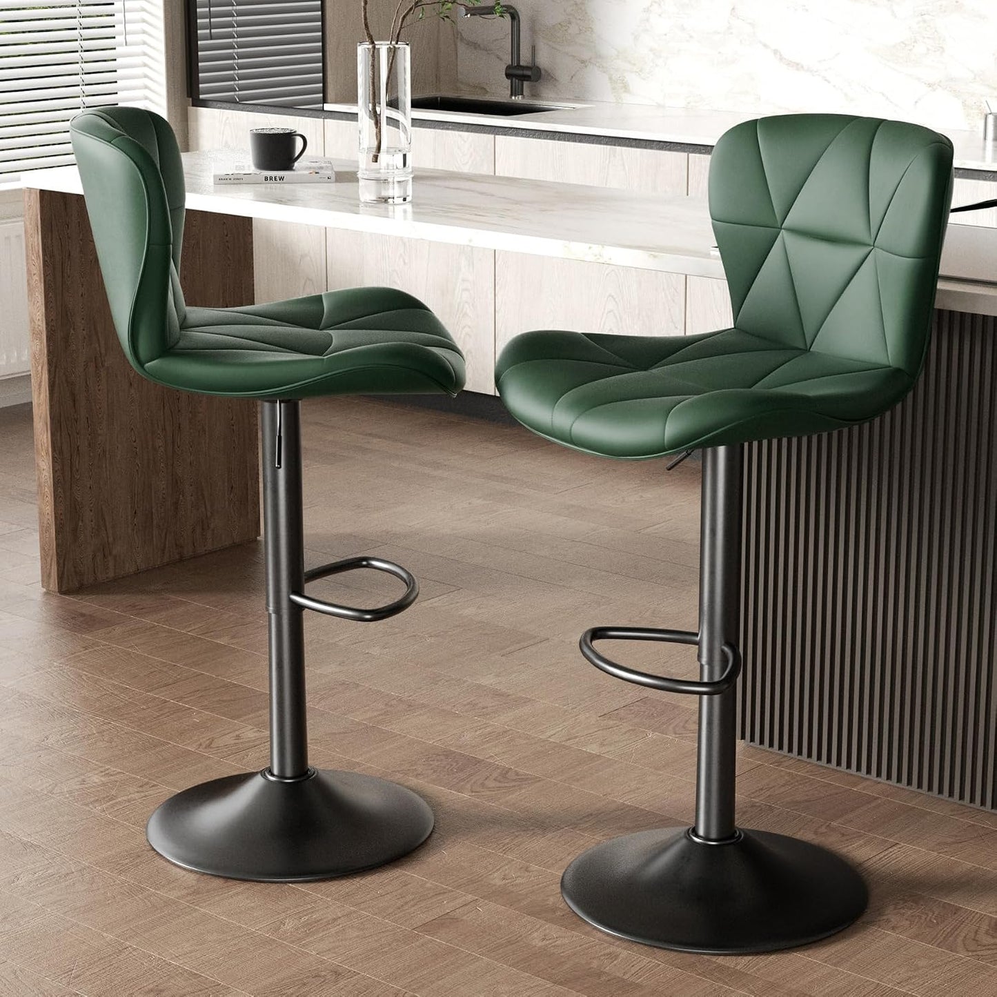 Black Swivel Bar Stools Set of 2 Adjustable Faux Leather Kitchen Chairs
