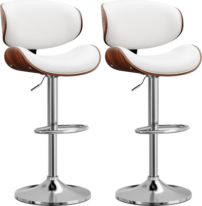 Adjustable Swivel Bar Stool Black PU Leather Walnut Bentwood Counter Chair