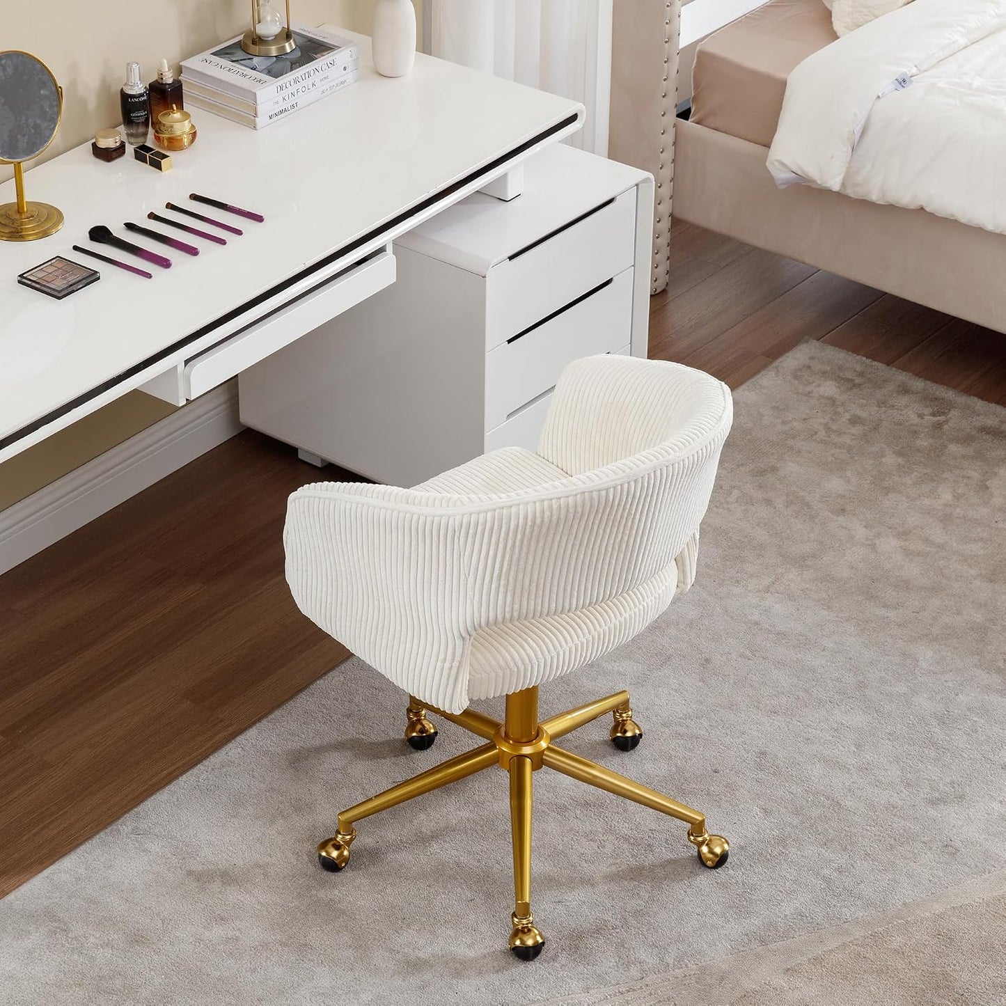 Red Velvet Swivel Desk Chair Adjustable Vanity Chair with Gold Base and Wheels