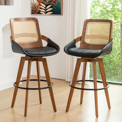 Walnut Cane Swivel Counter Stool with Arms Black Faux Leather Seat