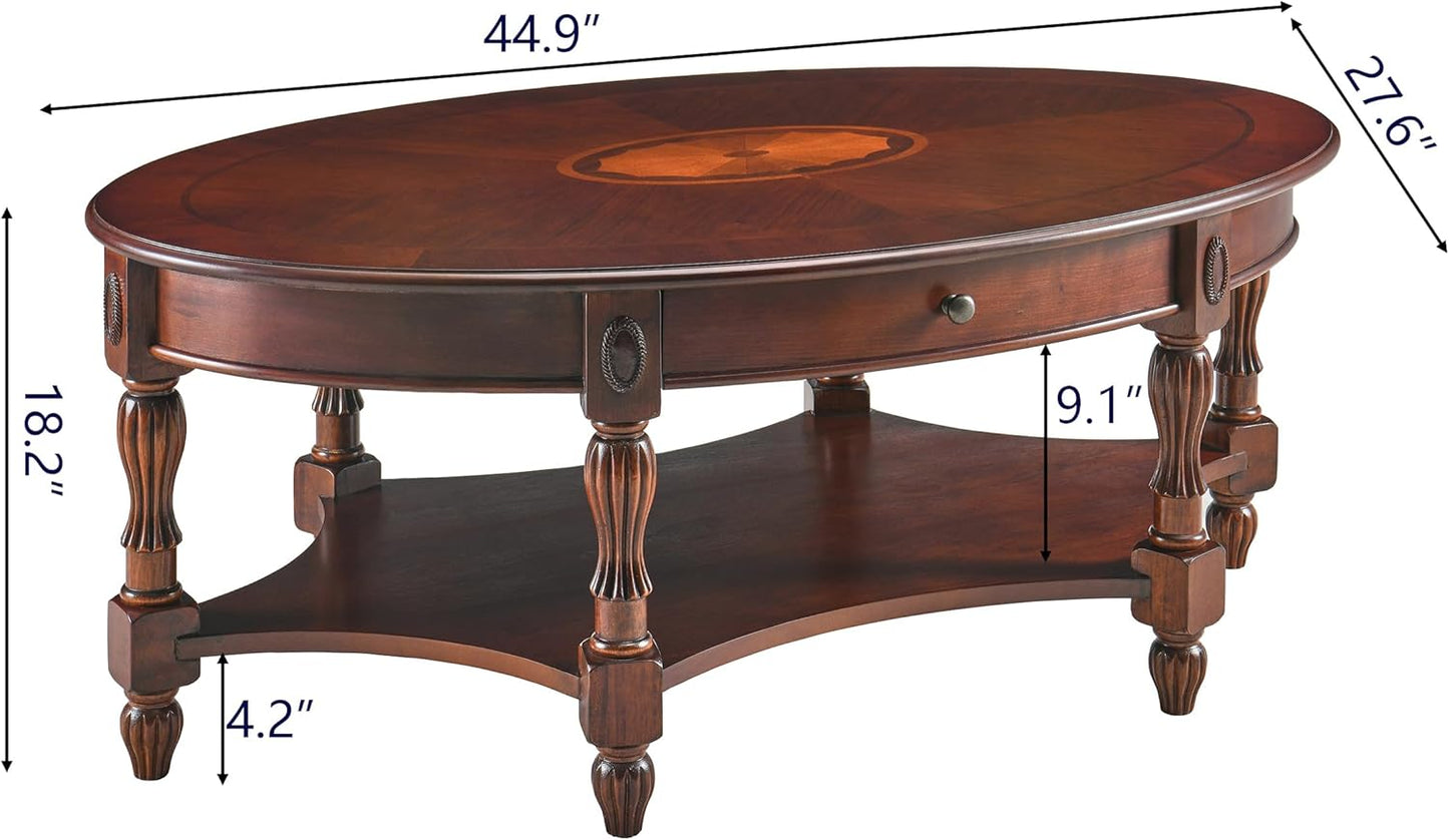 Vintage Oval Solid Wood Coffee Table with Drawer &amp; Storage Shelf