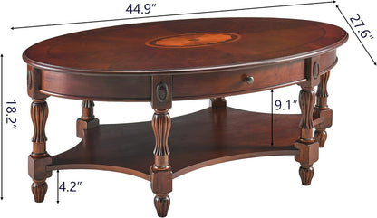 Vintage Oval Solid Wood Coffee Table with Drawer &amp; Storage Shelf