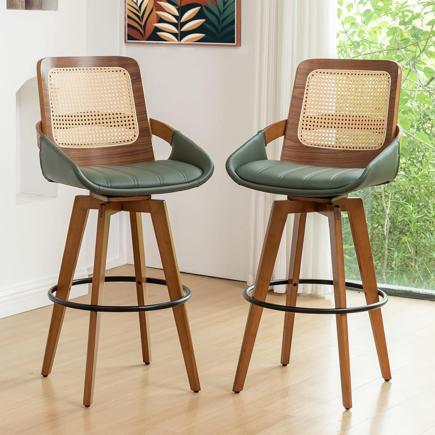 Walnut Cane Swivel Counter Stool with Arms Black Faux Leather Seat