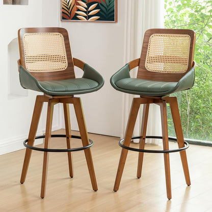 Walnut Cane Swivel Counter Stool with Arms Black Faux Leather Seat