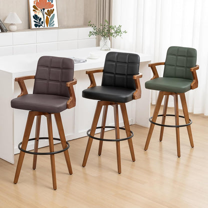 Walnut Black Swivel Counter Stool with Arms Mid Century Upholstered Bar Chair