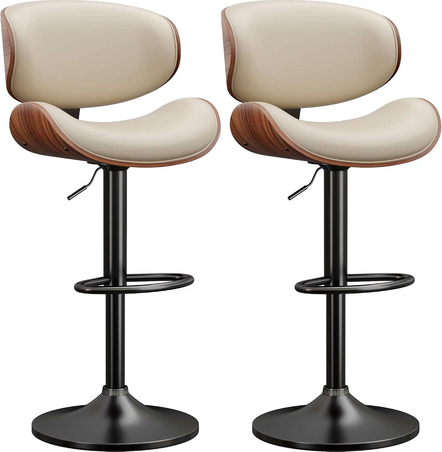Adjustable Swivel Bar Stool Black PU Leather Walnut Bentwood Counter Chair