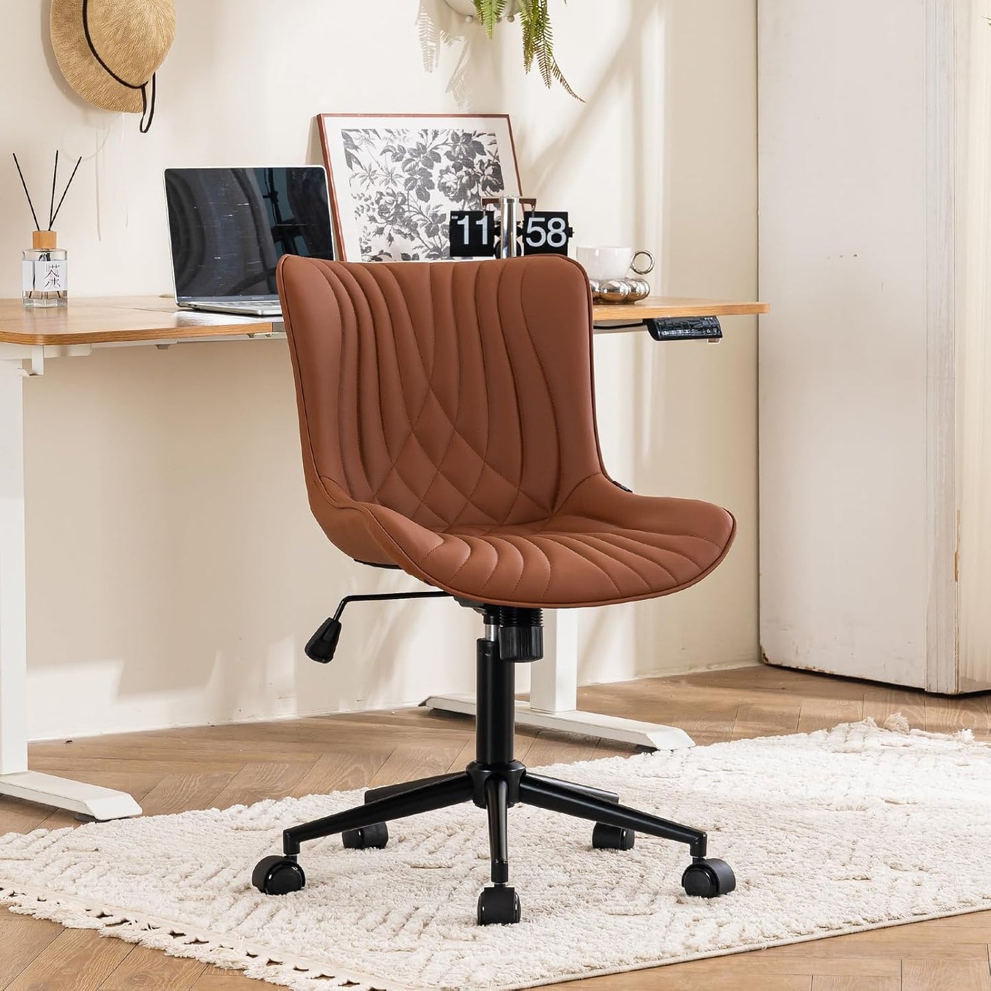Brown Faux Leather Office Chair Adjustable Swivel Rolling Armless Desk Chair