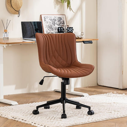 Brown Faux Leather Office Chair Adjustable Swivel Rolling Armless Desk Chair