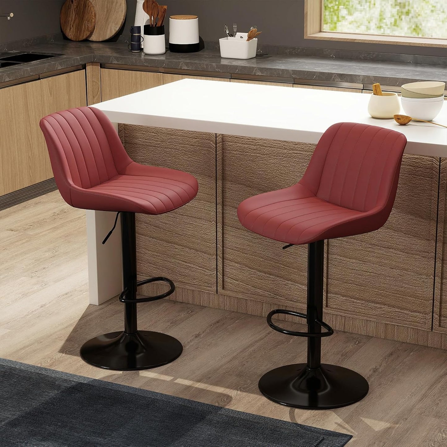 Adjustable Swivel Bar Stool Black Faux Leather Counter Height Metal Base