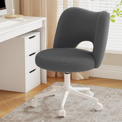 White Teddy Vanity Chair Armless Adjustable Swivel Desk Chair with Wheels
