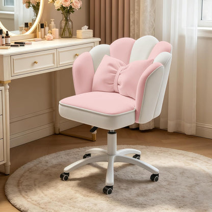 Purple Velvet Petal Vanity Chair Swivel Rolling Desk Chair with Bow Cushion