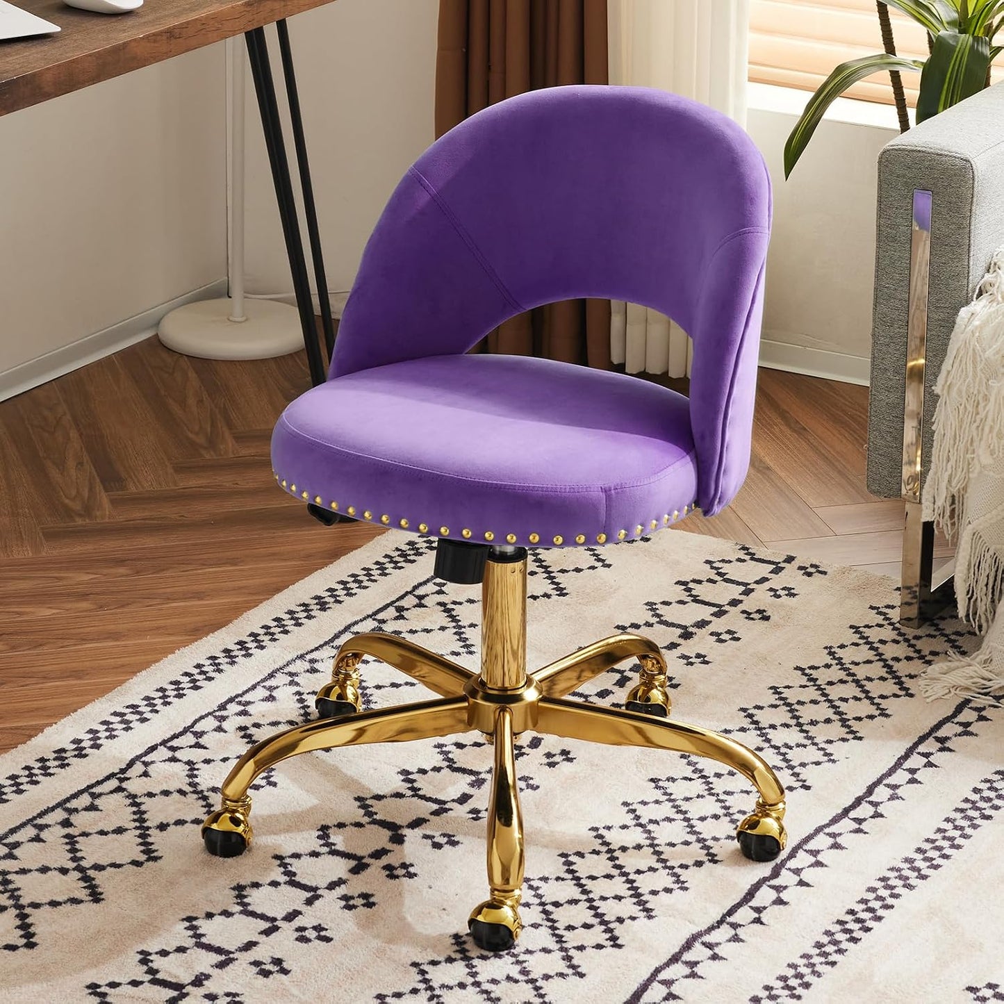 Navy Blue Velvet Office Chair Gold Swivel Rolling Vanity Desk Chair